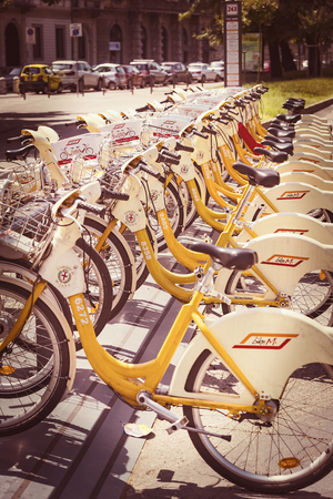 MILAN, ITALY - 5 JUNE 2018: Rental of bicycles in Italyのeditorial素材