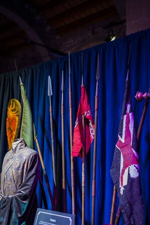 BARCELONA, SPAIN - 11 JANUARY 2018: Exhibition of costumes and props from the movie "The Game of Thrones" in the premises of the Maritime Museum of Barcelona.のeditorial素材