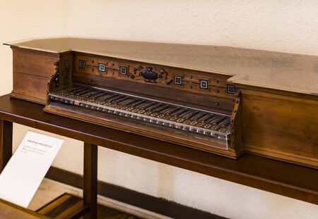 6 JUNE 2018, MILAN, ITALY: Exhibition of musical instruments of Milan is exhibited in the Sforza...