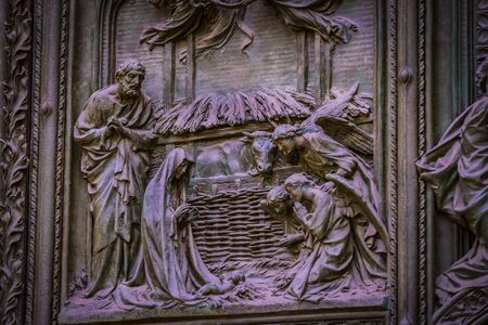 2 JUNE 2018, MILAN, ITALY: Sculptures of saints and martyrs decorating the Cathedral of Milan (Duomo di Milano) are shot closeup.のeditorial素材