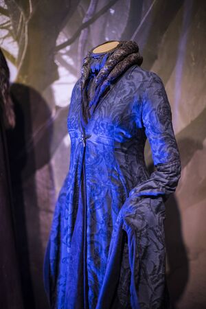 BARCELONA, SPAIN - 11 JANUARY 2018: Original costumes of actors and props from the movie "The Game of Thrones" in the premises of the Maritime Museum of Barcelona.のeditorial素材