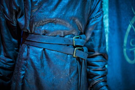 BARCELONA, SPAIN - 11 JANUARY 2018: Original costumes of actors and props from the movie "The Game of Thrones" in the premises of the Maritime Museum of Barcelona.のeditorial素材