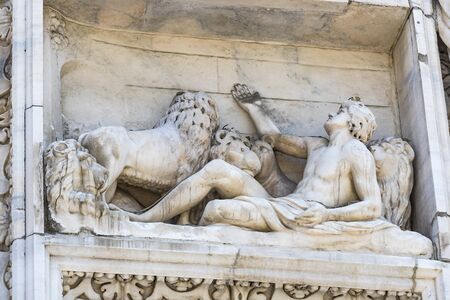 2 JUNE 2018, MILAN, ITALY: Sculptures of saints and martyrs decorating the Cathedral of Milan (Duomo di Milano) are shot closeup.のeditorial素材