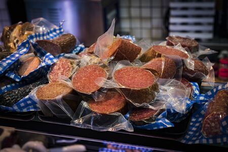 MUNICH, GERMANY - NOVEMBER 23, 2018: Counters and shops at the Viktualienmarkt market in Munich.