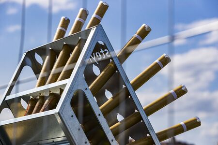 BUDAPEST, HUNGARY - AUGUST 20, 2017: Construction of fireworks on the bridge over the river.