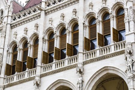 BUDAPEST, HUNGARY - AUGUST 20, 2017: Elements of the architecture of the Hungarian Parliament in Budapest.のeditorial素材