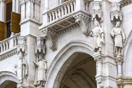 BUDAPEST, HUNGARY - AUGUST 20, 2017: Elements of the architecture of the Hungarian Parliament in Budapest.のeditorial素材
