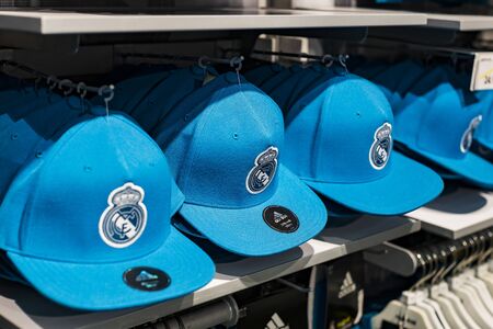MADRID, SPAIN - 25 MARCH, 2018: Official clothing store and sports attributes for fans Real Madrid Football Clubのeditorial素材