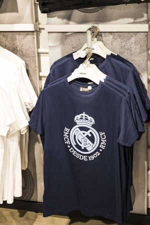 MADRID, SPAIN - 25 MARCH, 2018: Official clothing store and sports attributes for fans Real Madrid...