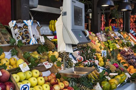 MADRID, SPAIN - 26 MARCH, 2018: The tourist attraction of the city is San Miguel counters with popular Spanish food.のeditorial素材