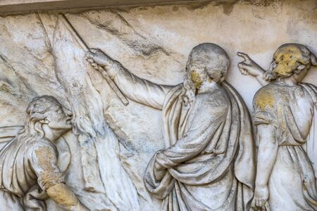 6 JUNE 2018, MILAN, ITALY: Sculptures of saints and martyrs decorating the Cathedral of Milan (Duomo di Milano) are shot closeup.のeditorial素材