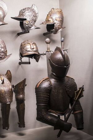 4 JUNE 2018, MILAN, ITALY: Museum of the Poldis Pezzoli Knights' Hall with samples of medieval...