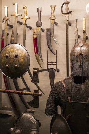 4 JUNE 2018, MILAN, ITALY: Museum of the Poldis Pezzoli Knights' Hall with samples of medieval weapons and ammunitionのeditorial素材