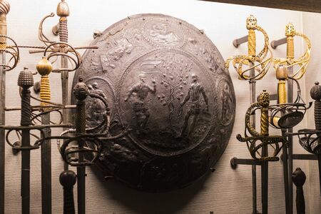 4 JUNE 2018, MILAN, ITALY: Museum of the Poldis Pezzoli Knights' Hall with samples of medieval...