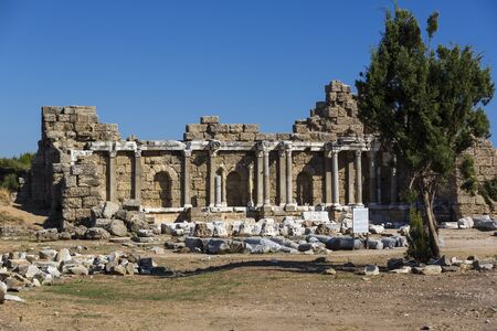 Ruins of the ancient city of Side and the Amphitheater photo with the bird flight.の写真素材