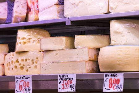 6 JUNE 2018, MILAN, ITALY: Shop of meat and cheese delicacies from traditional Italian products (il Macellaio Fattoria Del Casaro) in Milan Italy.のeditorial素材