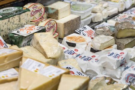 6 JUNE 2018, MILAN, ITALY: Shop of meat and cheese delicacies from traditional Italian products (il Macellaio Fattoria Del Casaro) in Milan Italy.のeditorial素材