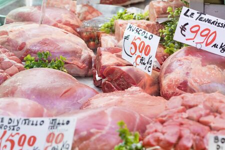 6 JUNE 2018, MILAN, ITALY: Shop of meat and cheese delicacies from traditional Italian products (il Macellaio Fattoria Del Casaro) in Milan Italy.のeditorial素材