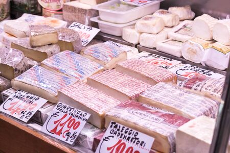 6 JUNE 2018, MILAN, ITALY: Shop of meat and cheese delicacies from traditional Italian products (il Macellaio Fattoria Del Casaro) in Milan Italy.のeditorial素材