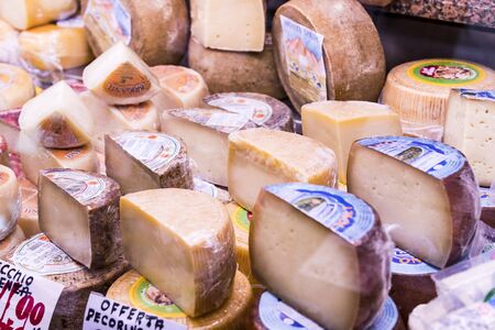 6 JUNE 2018, MILAN, ITALY: Shop of meat and cheese delicacies from traditional Italian products (il Macellaio Fattoria Del Casaro) in Milan Italy.のeditorial素材