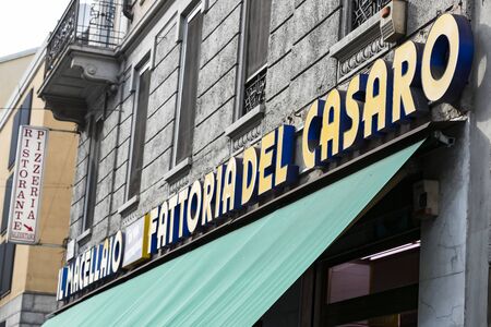 6 JUNE 2018, MILAN, ITALY: Shop of meat and cheese delicacies from traditional Italian products (il...