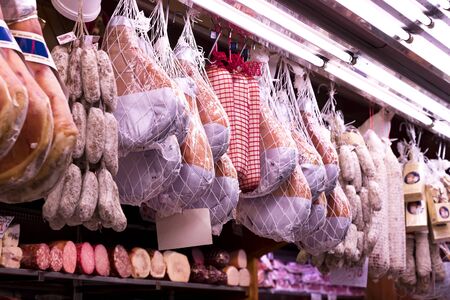 6 JUNE 2018, MILAN, ITALY: Shop of meat and cheese delicacies from traditional Italian products (il Macellaio Fattoria Del Casaro) in Milan Italy.のeditorial素材