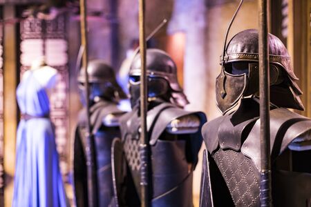 BARCELONA, SPAIN - 11 JANUARY 2018: Exhibition of costumes and props from the movie "The Game of Thrones" in the premises of the Maritime Museum of Barcelona.のeditorial素材