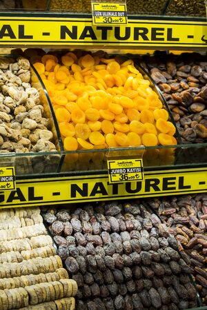 ISTANBUL, TURKEY - 6 APRIL, 2016. Exotic spices. Oriental sweets on the shelves of the Egyptian market in Istanbul.のeditorial素材