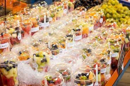 BUDAPEST, HUNGARY - AUGUST 21, 2017: The big central market of Budapest, a place of visiting of tourists for purchases of sausages of a paprika of souvenirs.のeditorial素材