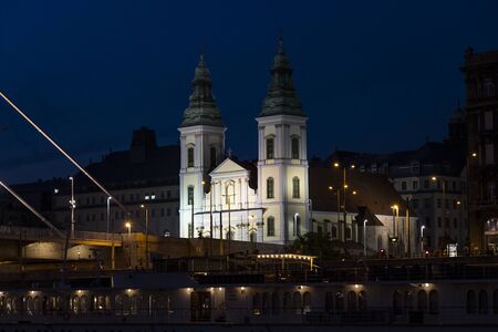 BUDAPEST, HUNGARY. JUNE 23, 2017: Elements of architecture of the night city of Budapest from the Danube River.のeditorial素材