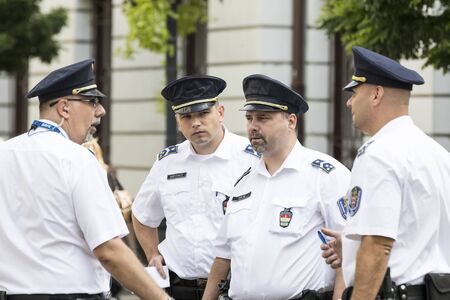 BUDAPEST, HUNGARY - AUGUST 19, 2017: A pair of police patrols in the streets of Budapest.