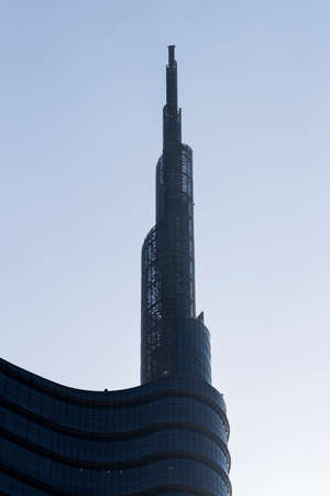 6 JUNE 2018, MILAN, ITALY: Elements of architecture UniCredit tower a skyscraper in Milan, Italy.のeditorial素材
