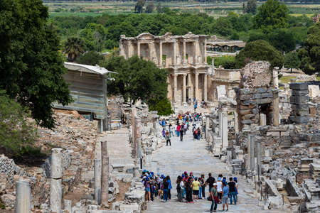 SELCUK, TURKEY- MAY 6, 2017: The ruins of the ancient antique city of Ephesus the library building of Celsus, the amphitheater temples and columns. Candidate for the UNESCO World Heritage Listのeditorial素材