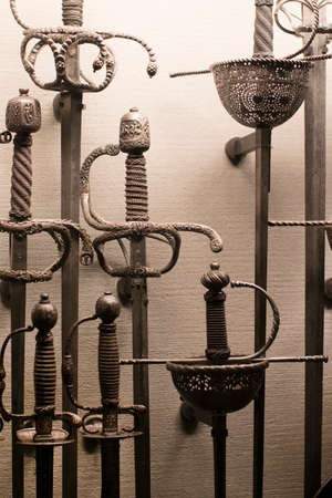 4 JUNE 2018, MILAN, ITALY: Museum of the Poldi Pezzoli Knights' Hall with samples of medieval weapons and ammunitionのeditorial素材