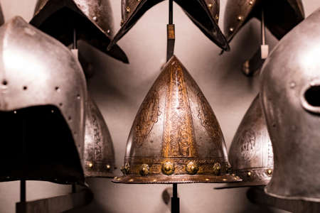 4 JUNE 2018, MILAN, ITALY: Museum of the Poldi Pezzoli Knights' Hall with samples of medieval weapons and ammunitionのeditorial素材