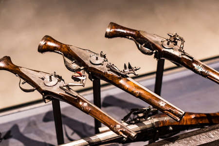 4 JUNE 2018, MILAN, ITALY: Museum of the Poldi Pezzoli Knights' Hall with samples of medieval weapons and ammunitionのeditorial素材