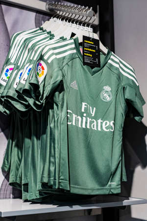 MADRID, SPAIN - 25 MARCH, 2018: Official clothing store and sports attributes for fans Real Madrid...