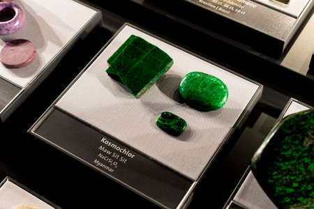 VIENNA, AUSTRIA - 3 SEPTEMBER 2018: Exposition of precious and semiprecious stones processed and not processed in the Museum of Natural History, Vienna.のeditorial素材