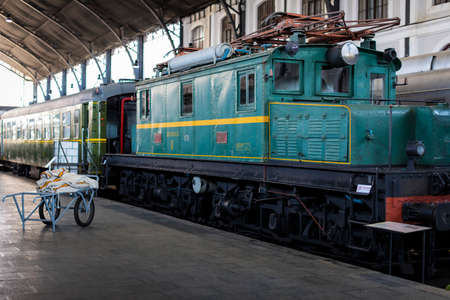 Locomotive in a train station in Bucharest, Romania, 2020