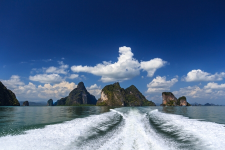 Rock islands in a Phang Nga Bay, Thailand. View from boat.の写真素材