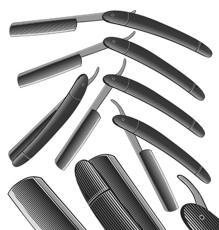 Razors with open and closed blades in engraved style のイラスト素材