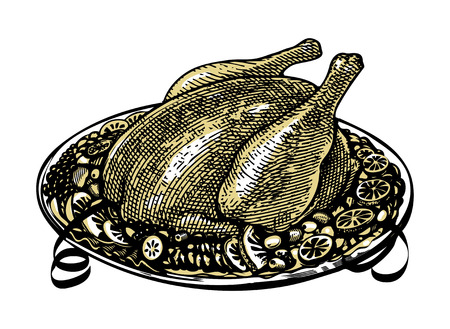 Whole Roasted turkey on  decorated platter with garnishのイラスト素材