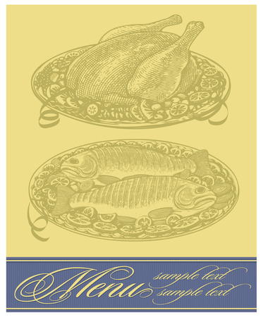 Restaurant menu design with roasted chicken and fishのイラスト素材
