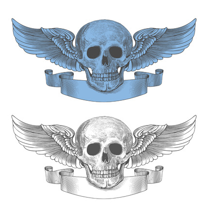  Vector illustration of winged skull and ribbon in engraving style on transparent backgroundのイラスト素材