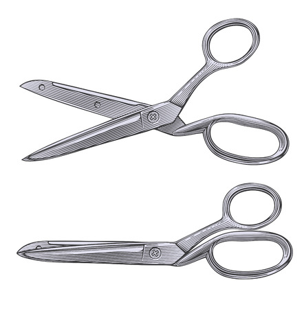Tailor scissors in engraving style.  Vector illustration, isolated, grouped, transparent backgroundのイラスト素材