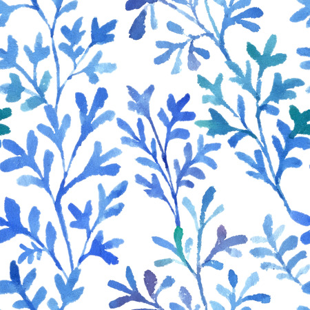 Watercolor branches and leaves fantastic blue. Vector seamless pattern.のイラスト素材