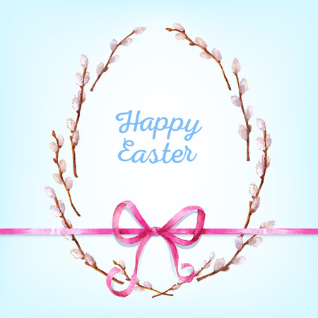 Easter card Willow twigs and bow painted in watercolor.のイラスト素材