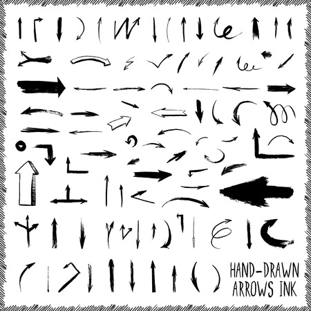 Set of hand-drawn ink arrows. Vectorized drawn elements. Use in website, flyer, corporate report, presentation, advertising, marketing etcのイラスト素材
