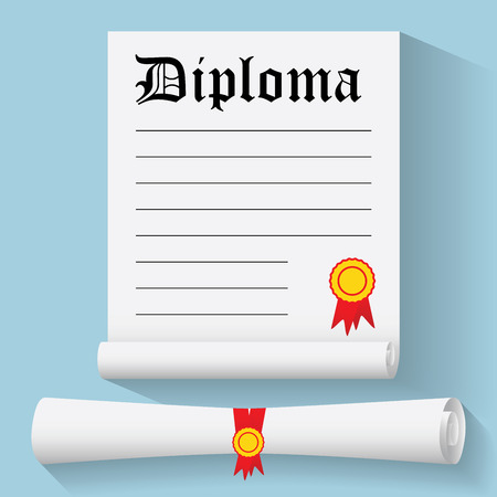 Flat design modern illustration of Degree Scroll with Red Ribbon and Diploma, on color background.のイラスト素材