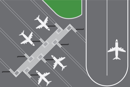 Flat design illustration of Airport building with plans terminal with runway.のイラスト素材